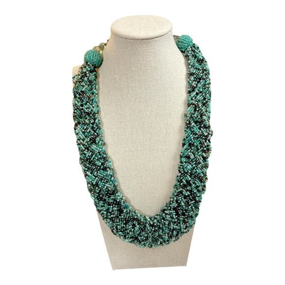Vintage Women’s Necklace Seed Bead Bib Statement Teal Turquoise Multi 12” Length - Picture 1 of 6
